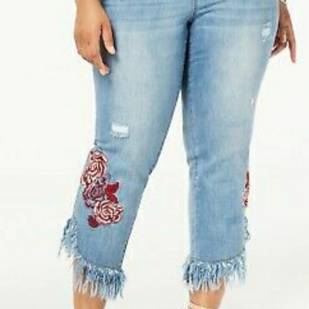 INC International Concepts Light Blue Crop Jeans Red Floral Embroidery tassels